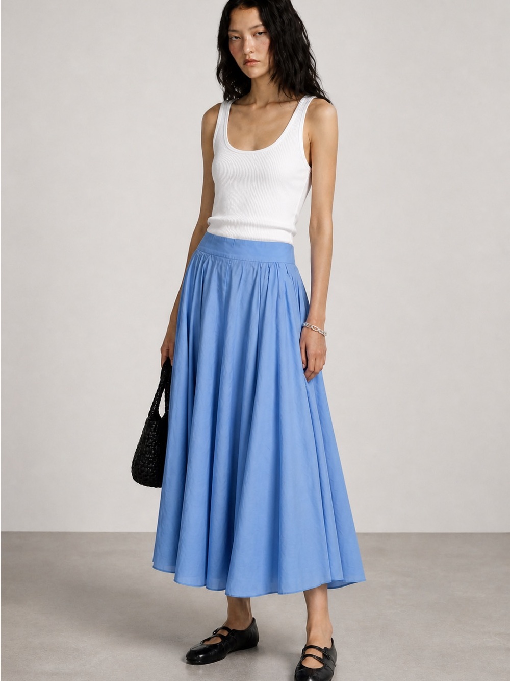Zara Sky Blue Cotton Volume Midi Skirt size XS